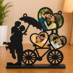 Personalized Romantic Couple MDF Photo Frame with Bicycle Design | Custom 3 Photo Wooden Tabletop Frame