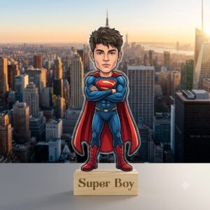 Custom Superhero Caricature for Boys – Personalized Kid’s Cartoon Photo Stand