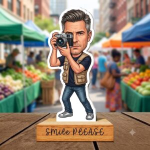 Custom Photographer Photo Caricature on Wooden Stand