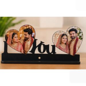 Personalized Double Heart MDF Photo Stand with Wooden Base