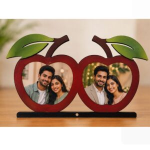 Personalized Cherry Double Photo MDF Cutout Frame with Wooden Stand