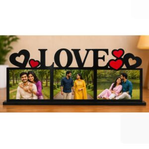 Personalized LOVE MDF Photo Frame with 3 Custom Photos | Romantic Couple Photo Stand Gift