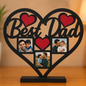 Personalized Best Dad MDF Photo Frame | Custom Heart-Shaped Wooden Photo Collage Gift for Father