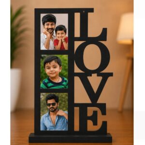 Personalized LOVE MDF Photo Frame | Custom Wooden Vertical Photo Collage with 3 Photos